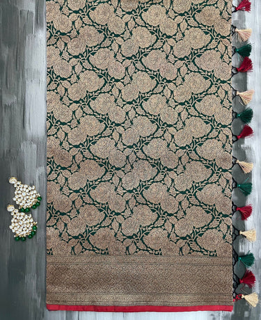 Banarasi Katan Pure Silk Saree | Handwoven | shade of Emerald Green with Antique Zari | Ships from California
